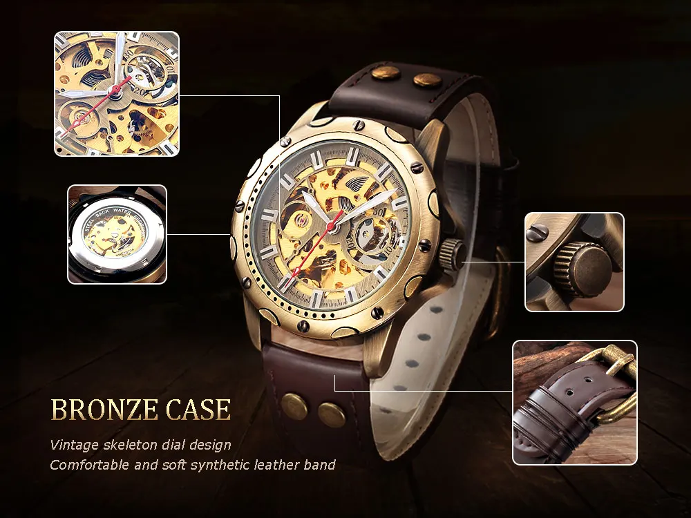 Retro Bronze Skeleton Mechanical Watch Men Automatic Watches Sport Luxury Top Brand Leather Watch Relogio Masculino Male Clock