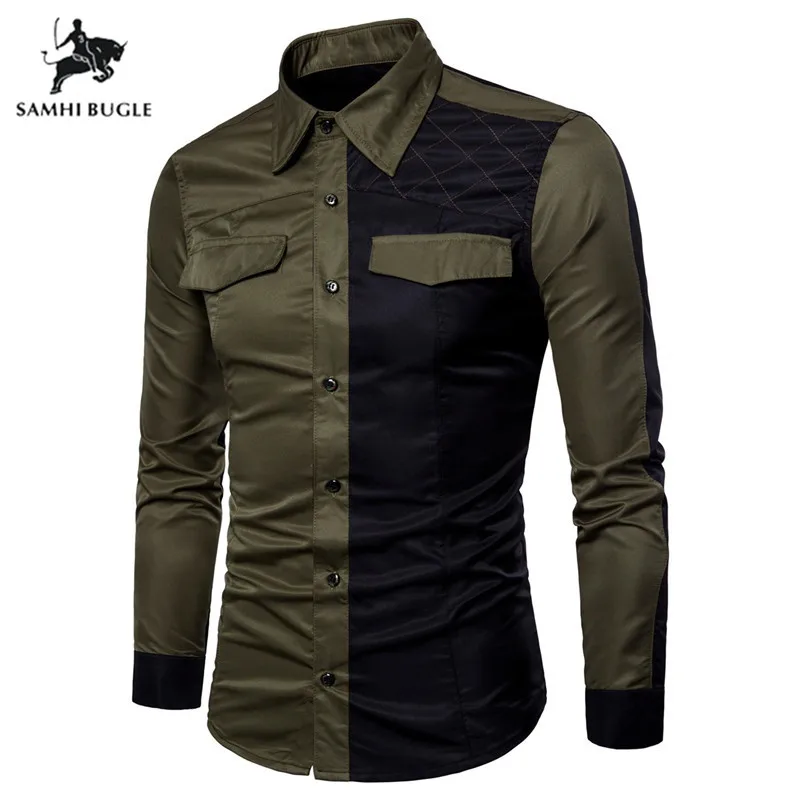 ArmyGreen Men Long Sleeve Shirt Cotton Spring Autumn Business Breakout Casual Long Sleeve Shirt Game Stitching Chemise Homme