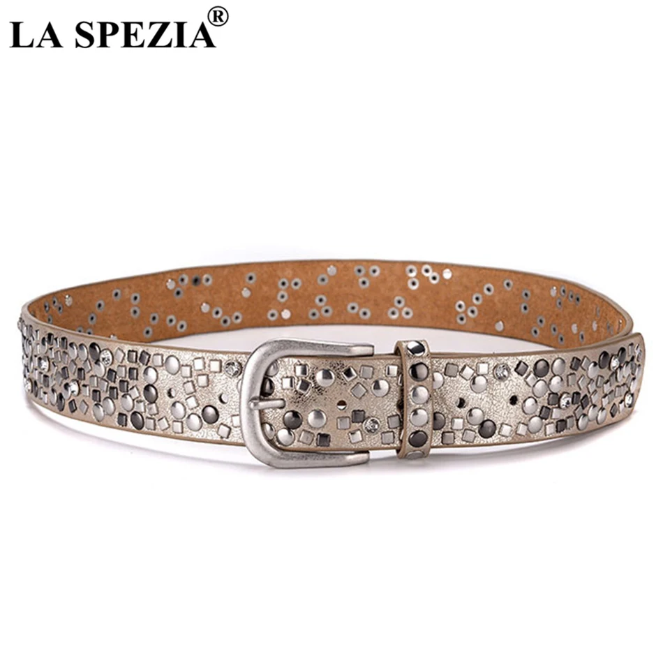 LA SPEZIA Women Belt Rivet Genuine Cow Leather Belt For Jeans Ladies Black Real Leather Brand Female Rock Pin Buckle Belts 110cm