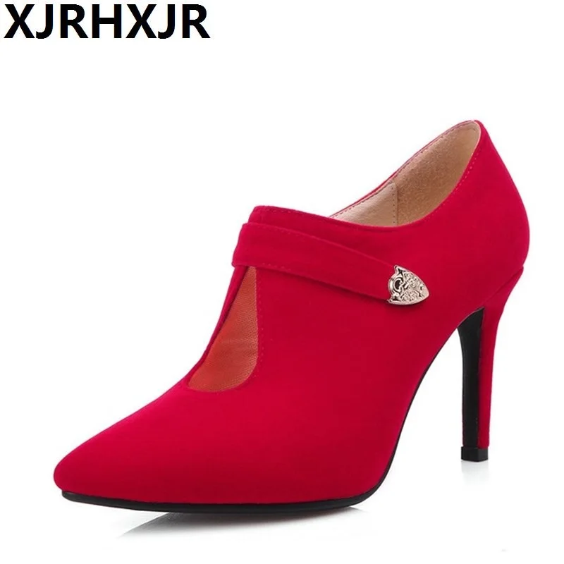 

XJRHXJR Womens Sexy Pupms High Heels Ankle Boots Spring Autumn Pointed Toe Suede Red Black Sweet Party Ladies Shoes Large Size