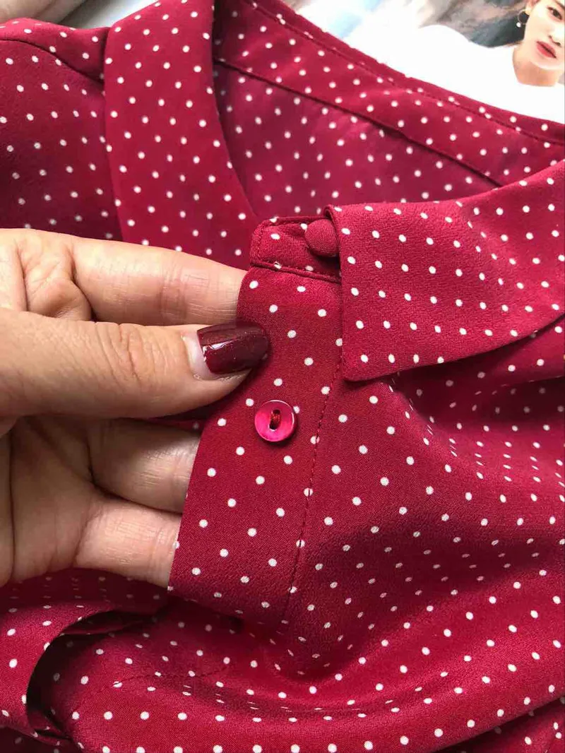 100% Silk Women Red Sweet Chemise Blouse Tie Bow Neck Long Sleeve Polka Dot French Style Shirt Tops