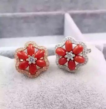 

Natural red coral Ring Natural gemstone ring 925 sterling silver trendy Elegant Flower stars for women girl party gift Jewelry