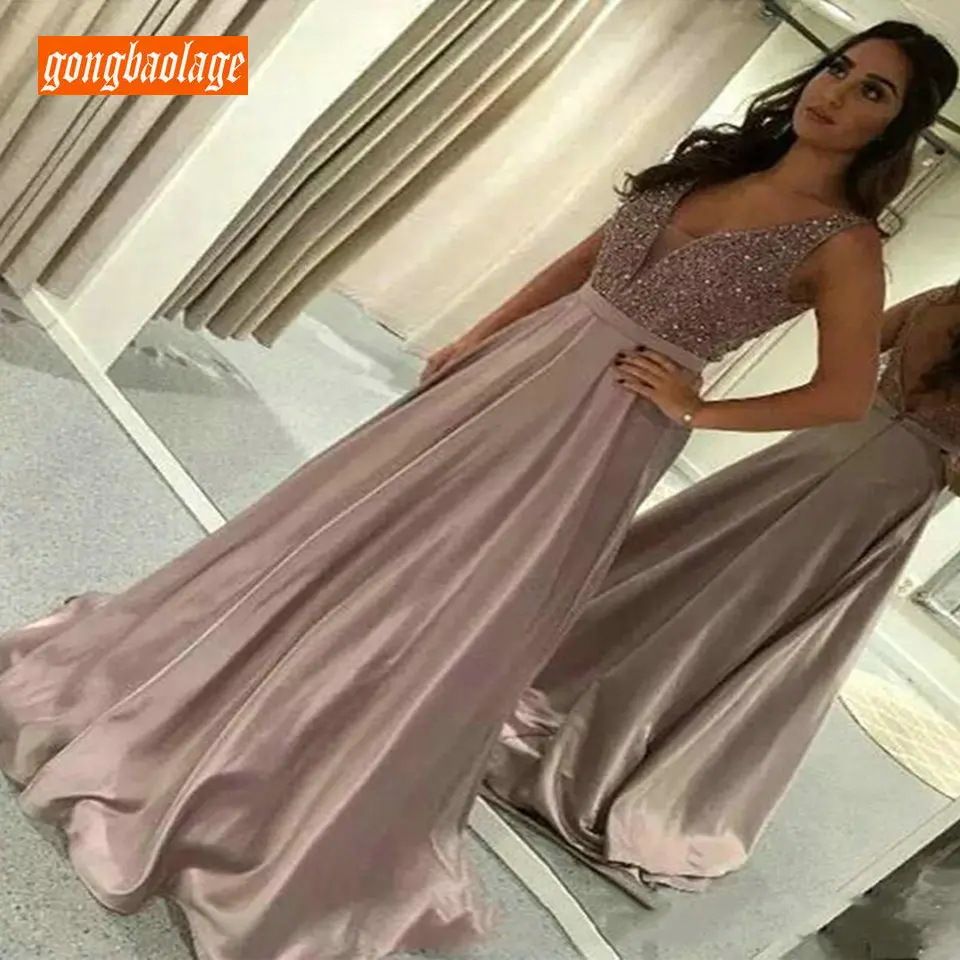 

Fashion Women Hot Pink Long Prom Dresses 2019 Formal Dress Party V-Neck Sequined Elastic Satin Floor Length Cheap Evening Dress
