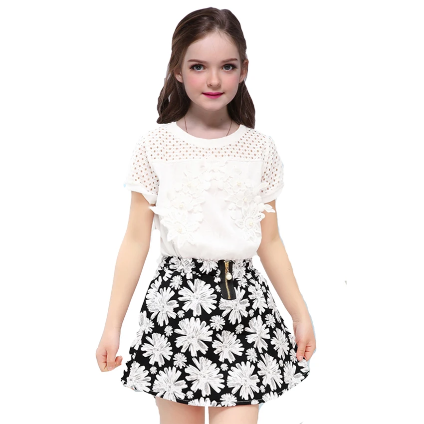 Girls Sets for Kids Summer Clothes Casual Floral Lace Tshirts + Print