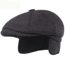 HT2211, берет, шапка, осенне-зимние шапки для мужчин, полосатая Теплая мужская шапка с ушками, Ретро стиль, плоская кепка, плюща, газетчик, мужской толстый берет для мужчин