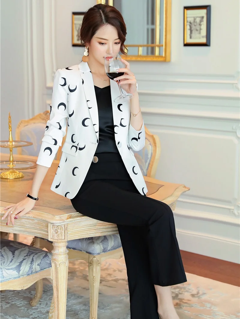 

New 2019 Ladies Casual White Print Blazer Women Business Suits with Pant and Jacket Sets Office Uniform Styles