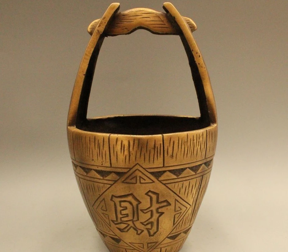 

9"Lucky China Chinese Pure Bronze Wealth Money Rich Treasure Bowl bucket Statue