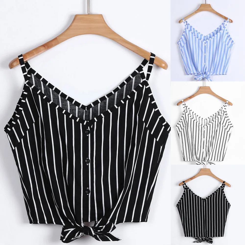 

Women's Casual V Neck Stripe Button Seft Tie Front Crop Cami Tops Camisole Shirt Vest #0