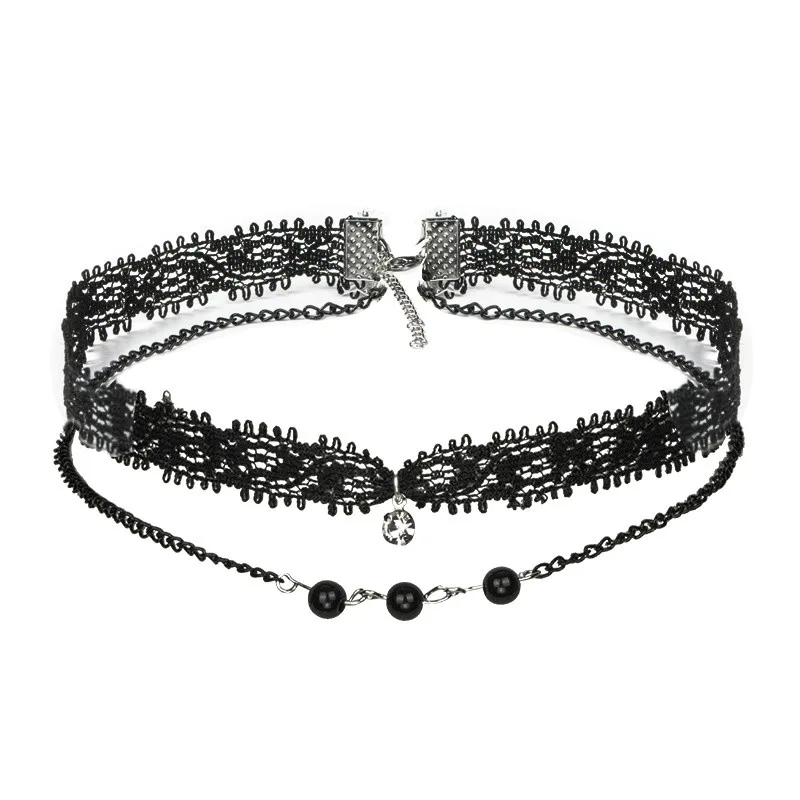 2017 New fashion style black lace double layer chain choke choker