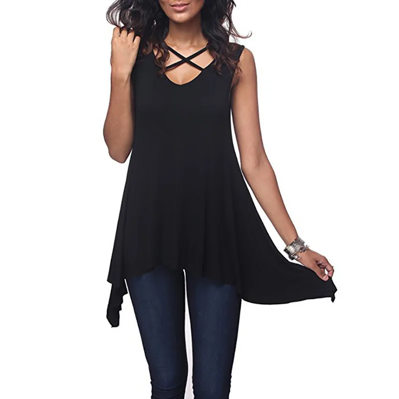 

Summer Women Front Chest Cross V-collar Sleeveless Loose Irregular Vest Solid T-shirt Sexy Top Casual Elegant Hollow T Shirt