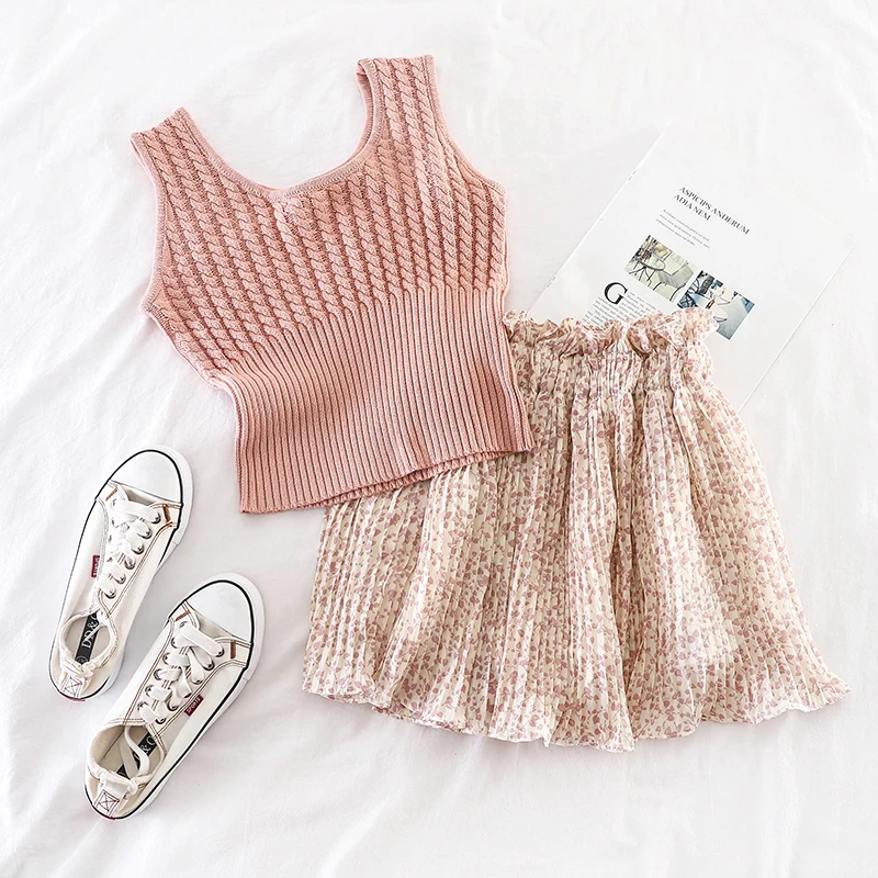 

2019 new fashion women's two piece set Fresh and sweet candy color knit vest+ floral skirt two-piece female J554