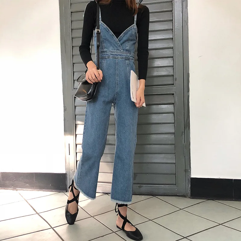 SWYIVY Denim Jumpsuits Ankle Length Pants Woman Autumn 2018 Wide Leg Overalls Trousers Tanks Camis Lady Jeans Rompers Jumpsuits