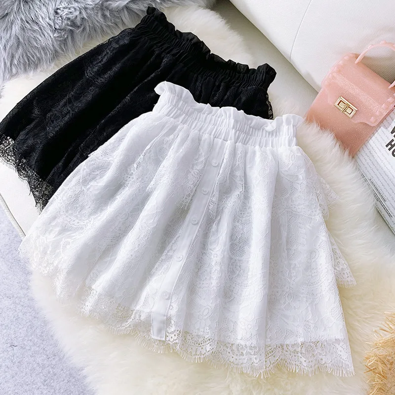 

AcFirst Summer New Black White Women Skirt Casual High Waist A-Line Mini Skirts Chiffon Lace Mesh Clothing Ruffles Skirts