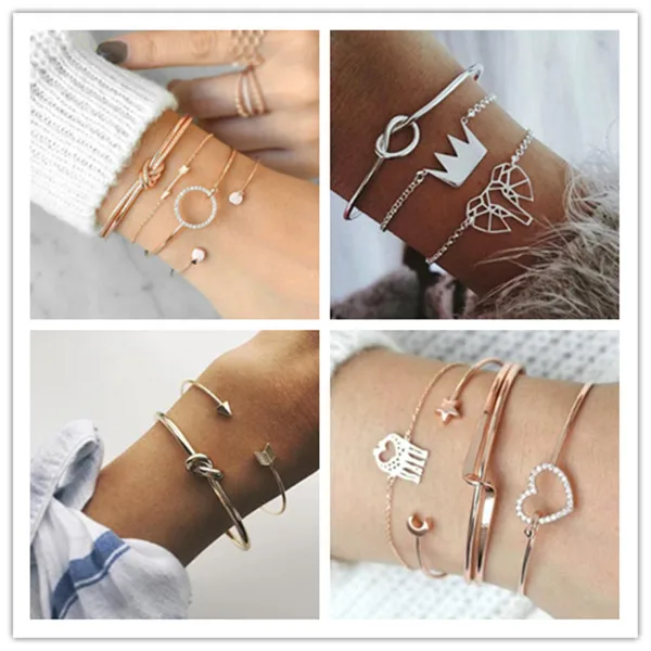 

4Pcs/Set Fashion Punk Gold Chain heart Leaf Crystal Geometry Open Bracelet Set Women Charm Beach Drop Shipping