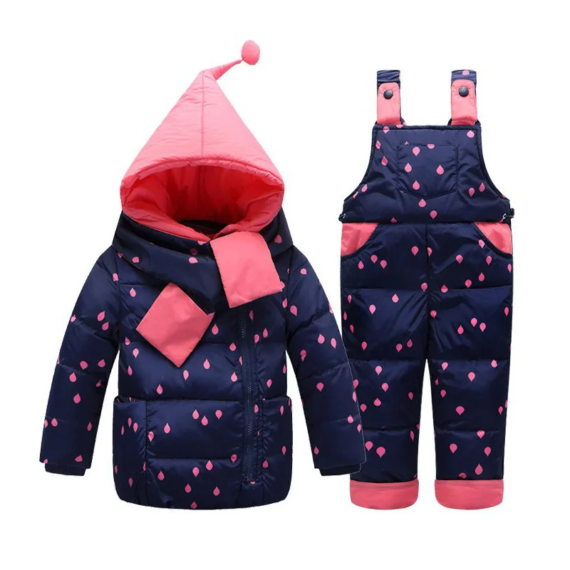 

Children Boys Girls Winter Warm Down Jacket Suit Set Thick Coat+Jumpsuit Baby Clothes Set Kids Hooded Jacket With Scarf