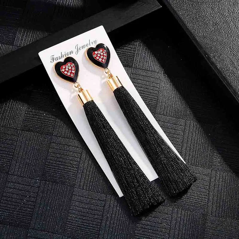 E5828 Trendy Drop Earrings HeartWomenLongBohemianBlueSilkBalckDangleMetalBohoGold Tassel Earrings 2018 Jewelry