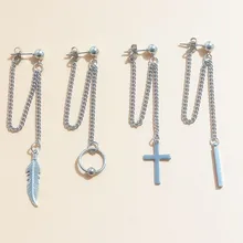 KPOP Earrings Metal Korean Cross Leaf Pendant Double Chain Stud Earring Hip Pop Punk Jewelry Accessories For Men Women Boys