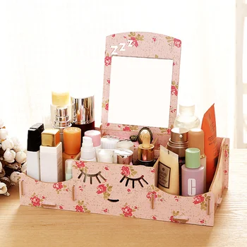 

Creative diy smiley wooden storage box desktop with mirror cosmetic storage box Office debris finishing box ZP12111541