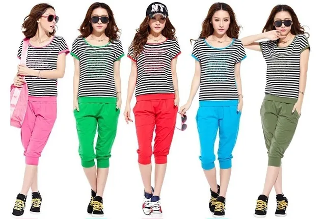One Set Slim Sportswear  For Lady Summer Woman  Short Sleeve with Pants