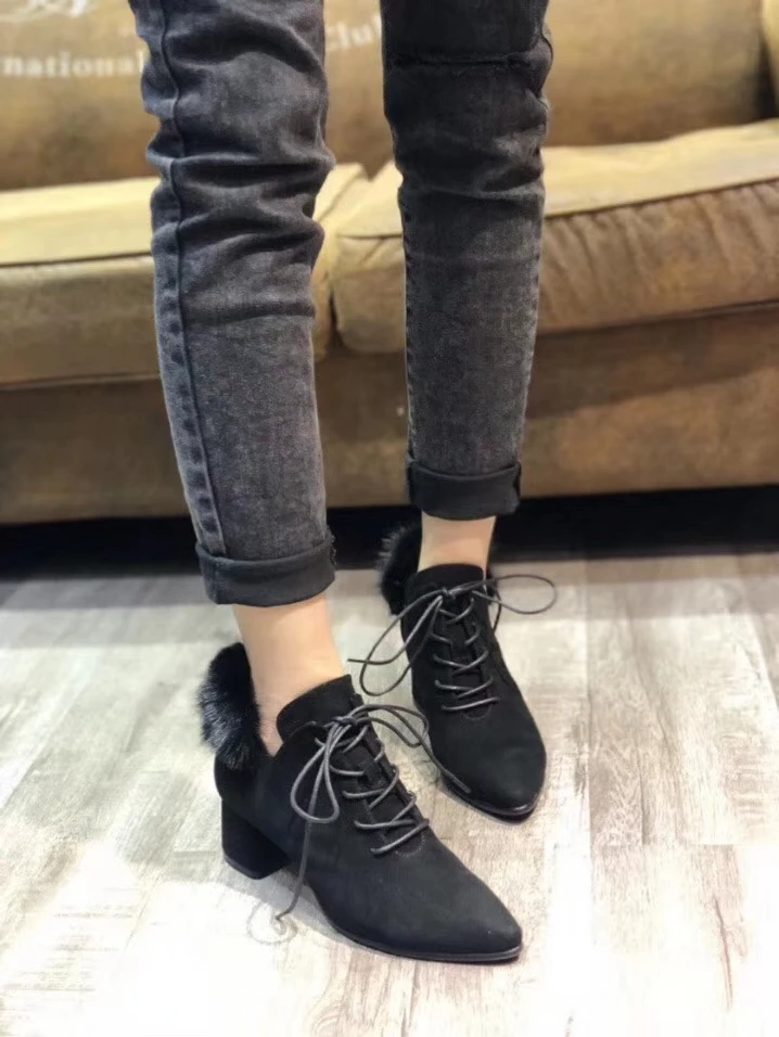 Velours Show as Boota Chaussures As Avec Dentelle Talon Épais Velvet as Gland Col Leather Doublure Cuir Vison Hiver Dames Velvet Chaud En Femmes Fourrure Bottes In De RYn4qwpC