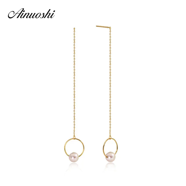 Aliexpress Ainuoshi 18k Yellow Gold Ear Line Hoop Earing Ainuoshi 18k Yellow Gold Ear Line Hoop Earing Natural Freshwater White Pearl Drop Dangle Earrings Chain For Women
