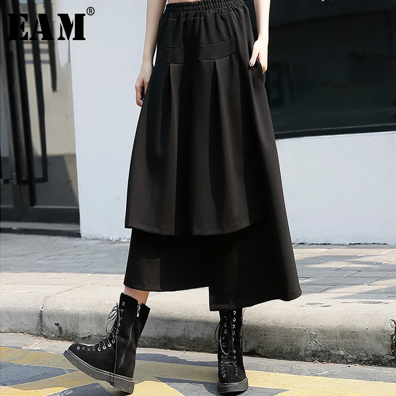 

[EAM] 2019 New Spring High Elastic Waist Black Loose Pleated Irregular Stitch Half-body Skirt Women Fashion Tide JH957