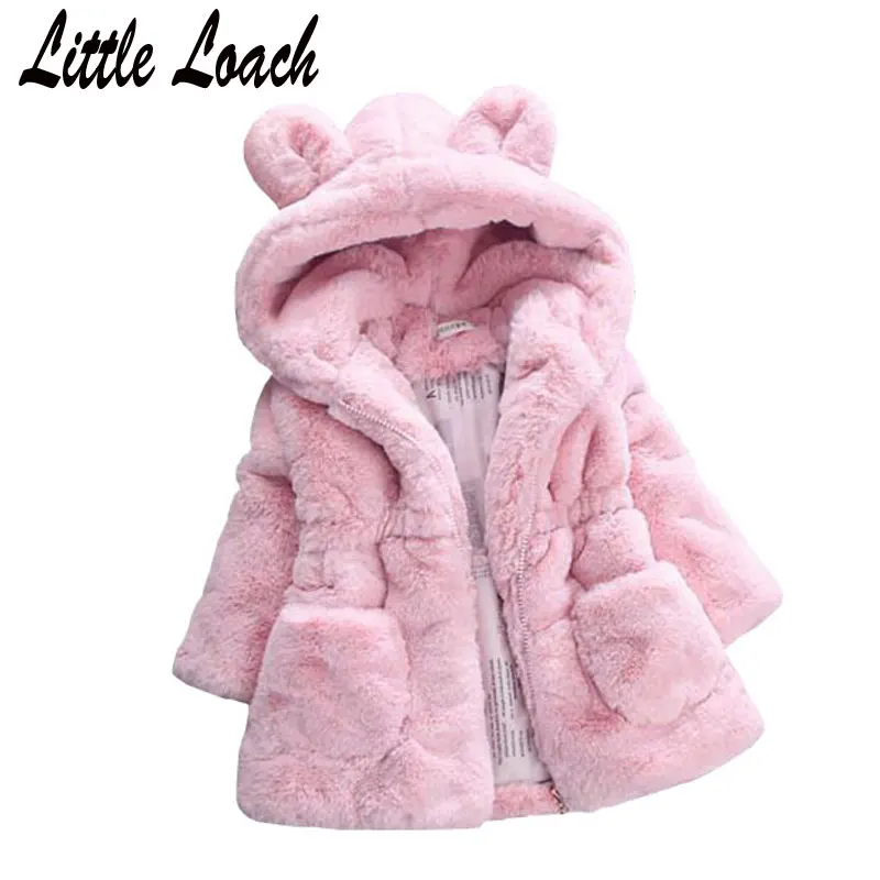 

Kids Faux Fur Coat 1-7Years Toddler Baby Girls Autumn Winter Warm Hooded Jacket White Black Cartoon Parka Outwear Clothes Cloaks