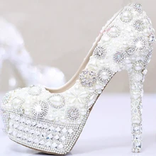 White Pearls Crystal Luxury Wedding Bridal Dress Shoes Closed Toe Prom Pumps Shoes Ultra High Heel Party Dress Shoes