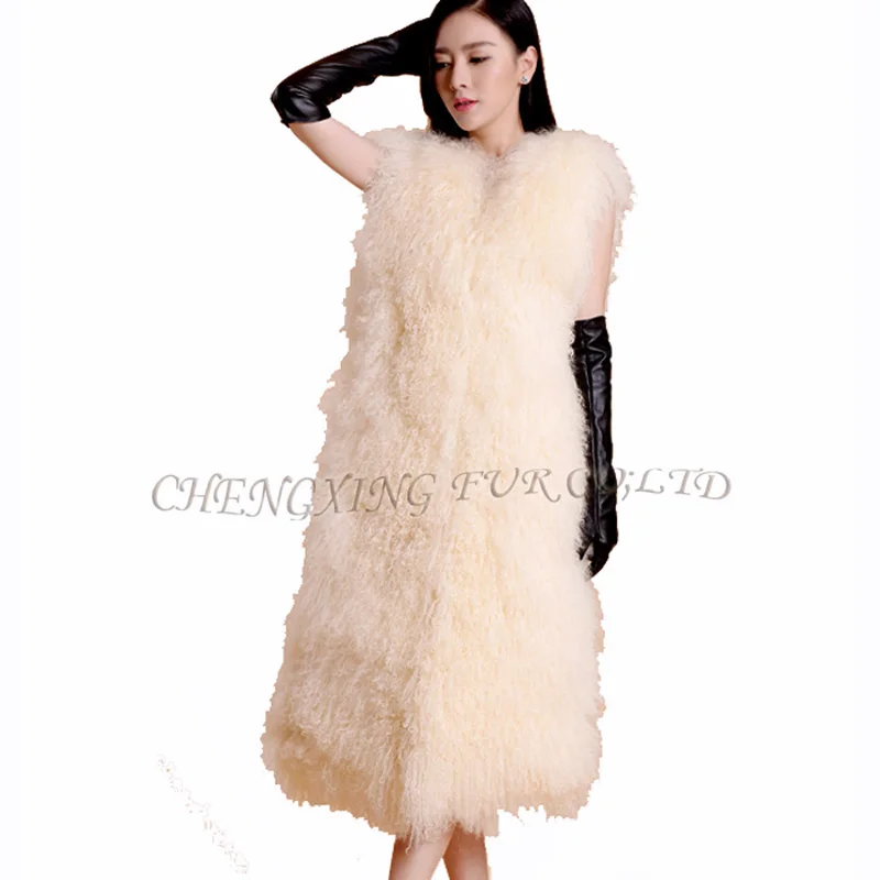 

CX-G-B-127B Top Fashion Long Genuine Mongolian Lamb Fur Vest Various Color Customized Winter Gilet