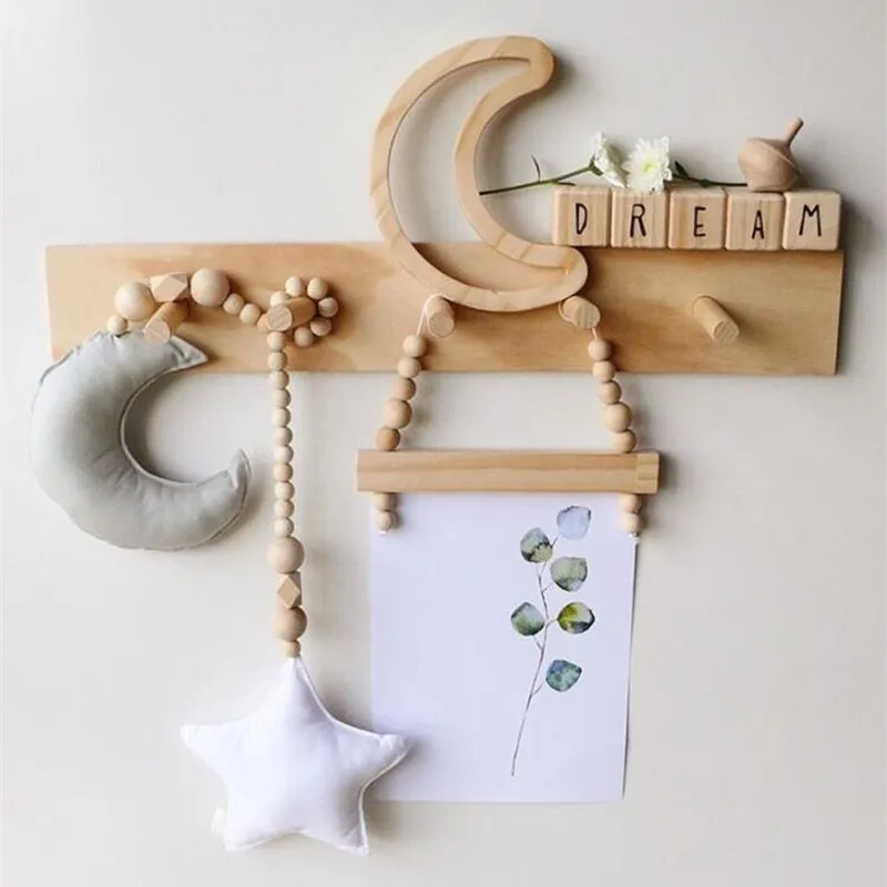 

Baby Decoration Pillow Nordic Moon Stars Wooden Beads Strings Toys Kids Bed Room Crib Tent Decor Ornaments Photography Prop Gift