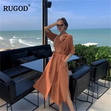 RUGOD 2019новое поступление женское однотонное платье с зубчатым воротником однобортное по бокам шелковое тонкое платье Vestidos темперамент Gentel Modis Платье