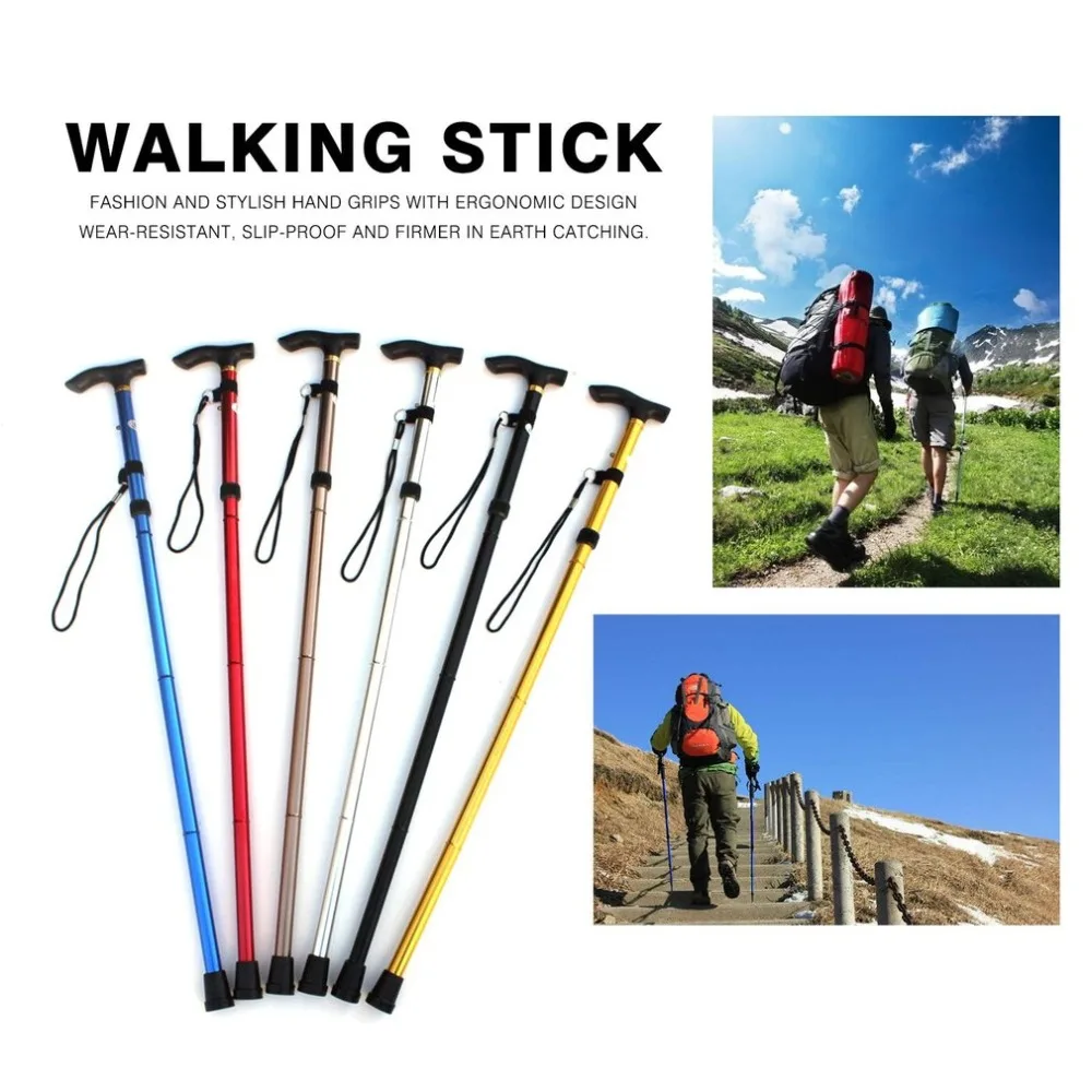 

Black Aluminum Metal Four Sections Walking Stick Easy Adjustable Foldable Collapsible Travel Cane Camping Trekking Stick