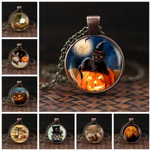 2019 mais novo abóbora e gato de vidro cabochão pendente colar halloween pingente abóbora e gato mão artesanato jóias