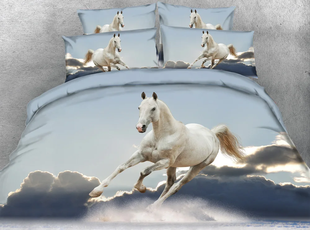 JF 086 4pcs horses print bedding sets cal king size white horse