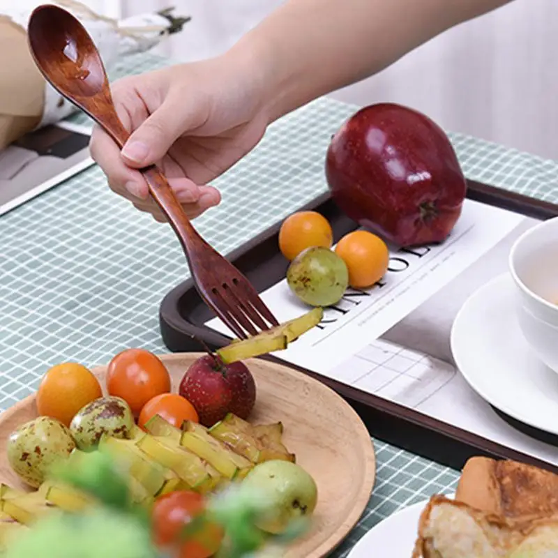 

Wooden Dual-use Spoon Fork Wooden Set Natural Cutlery Multifunctional Fruit Spoon Salad Forks Coffee Tea Portable Tableware