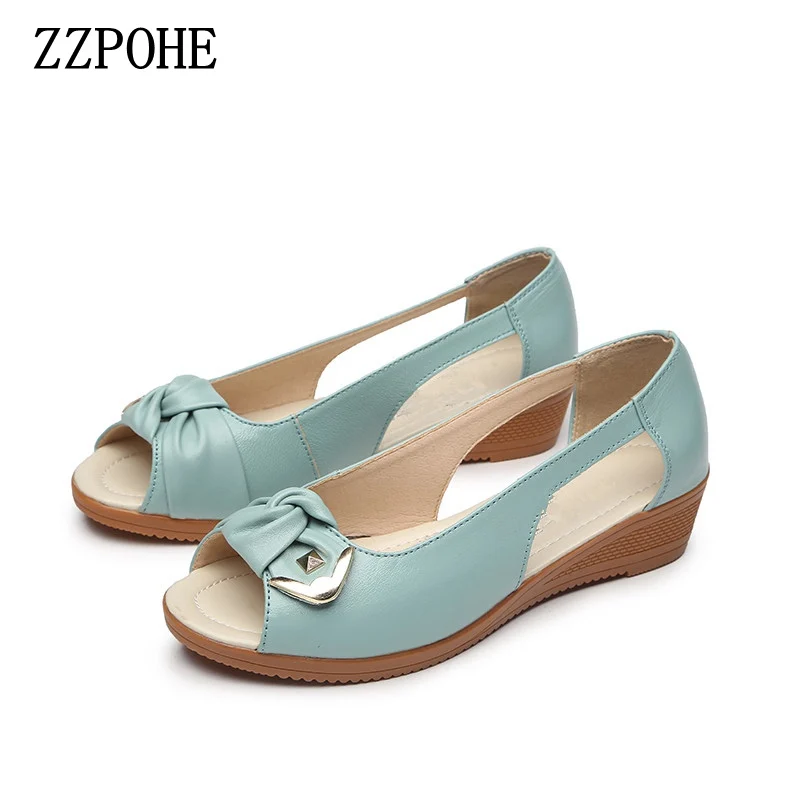 

ZZPOHE Summer Ladies Fashion Sandals middle-aged soft leather fish head sandals large size slope comfortable Woman shoes 35- 43