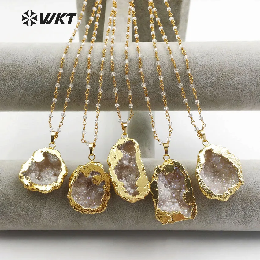 

WT-N1133 Irregular Shape Druzy Stone With Gold Trim Pendant 18 Inch White Crystal Rosary Chain Women Vintage Necklace