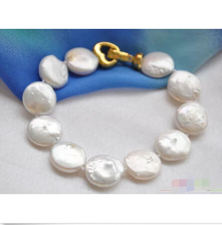 

P4026 8" 14mm white coin freshwater pearl bracelet @^Noble style Natural Fine jewe SHIPPING new >>-hot