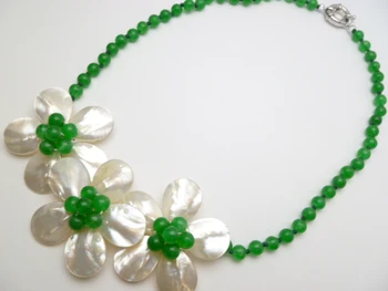 

Fashion Jewelry 3 White Mother Pearl Shell Flower Green bead Necklace