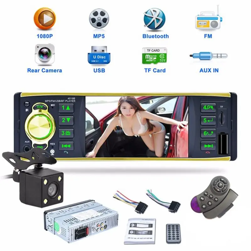 

4019B 1 DIN HD Screen Car Radio 4.1 Bluetooth MP5 Player with Rear View Camera Support FM AUX USB/TF Steering Wheel Control