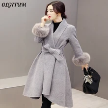 Элегантное женское зимнее шерстяное пальто большого размера из смешанной шерсти корейское тонкое длинное шерстяное пальто с искусственным лисьим мехом и рукавами регулируемый пояс