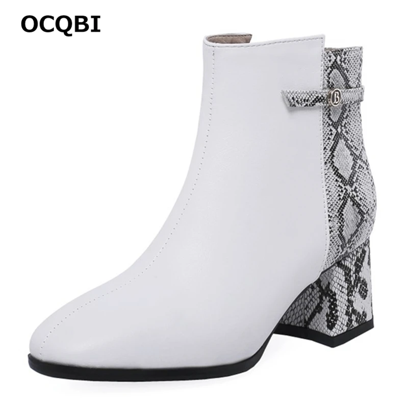 OCQBI Mixed Colors Snake Boots Fashion Rivet Square Toe Party Plus Size 43 Whiter White Thick Heels Sexy Women 2018 | Обувь