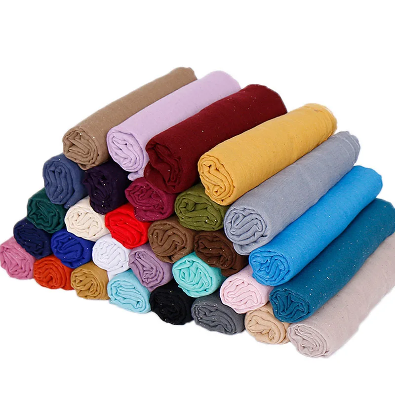 

2019 Basic Design Women Plain Glitter Viscose Shawl Scarf Solid Color Shimmer Voile Islamic Foulards Muslim Hijab Sjaal 180*90Cm