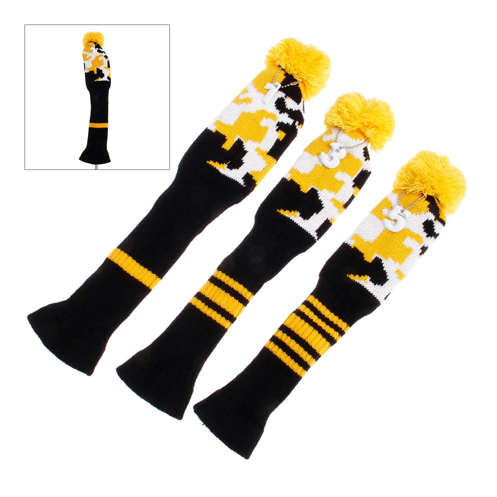 

SURIEEN 3 Pcs Pom Pom Golf Woods Club Head Covers Headcover Knitted Long-neck Sock Golf Club Cover Headcovers Soft Protect Set