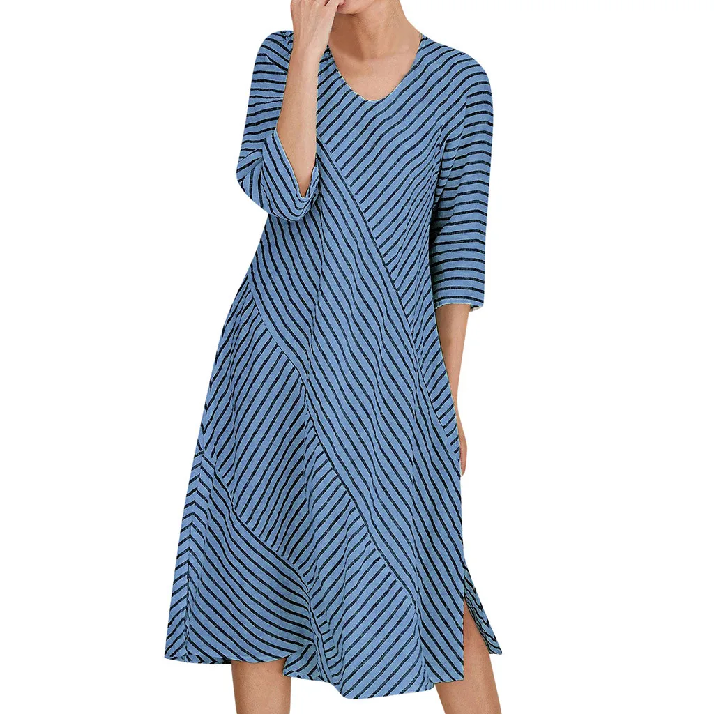 

FREE OSTRICH Dress Women Striped Print Loose Half Sleeve Long Style Empire Mid-Calf Dignified Noble Popular Long Dress Summer
