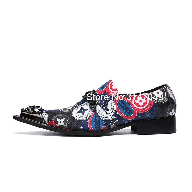 Business Couro Metal Azul Sapatas Fashion Casual Pé Moda De Em Dedo Dos Men's Sapatos Nova Deslizamento Cadeia Do Impressão Da Decorado Homens Partido w45qYCccXx