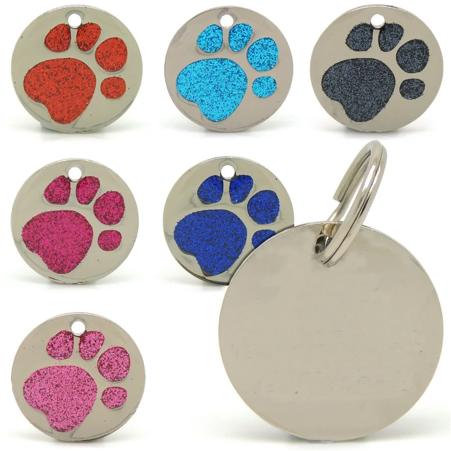 Free Shipping Pet Tags Round Tags with Sparkly Paw Print Dog Name Tags