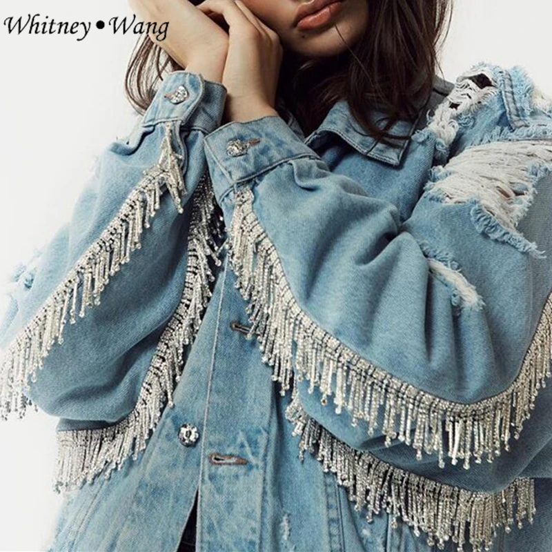 

WHITNEY WANG 2019 Spring Autumn Fashion Streetwear Bing Bling Diamonds Tassel Ripped Denim Jacket Women Stylish Jean Coat