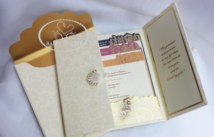 HI1091 - 09Personalized Hard Cover Gate Fold Wedding Card with Gold Foil
