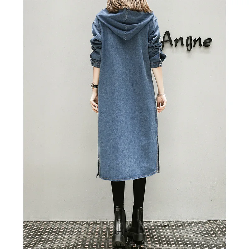 New Female Plus Large Size Hooded Denim Dress High Quality Women Autumn Winter Long Casual Jeans Dress for Fat People
